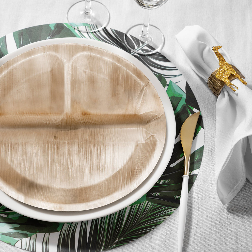 Round Palm Leaf 3-Partition Eco Friendly Disposable Dinner Plates (10")