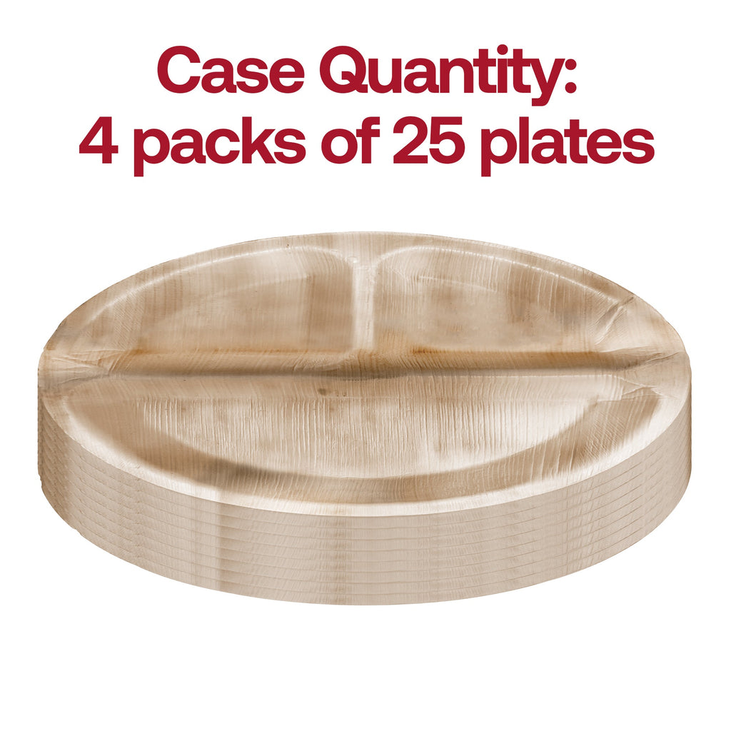 Round Palm Leaf 3-Partition Eco Friendly Disposable Dinner Plates (10")