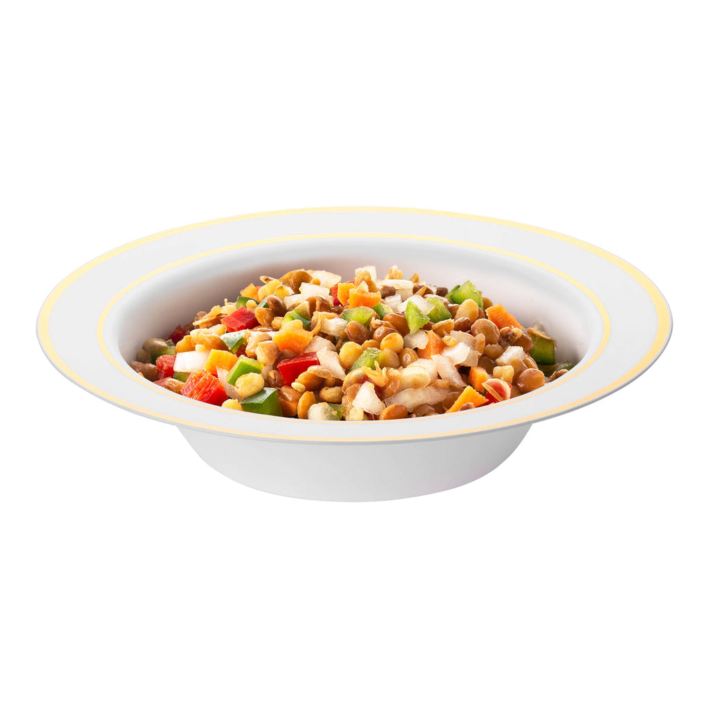 White with Gold Edge Rim Round Disposable Plastic Dessert Bowls (5 oz.)