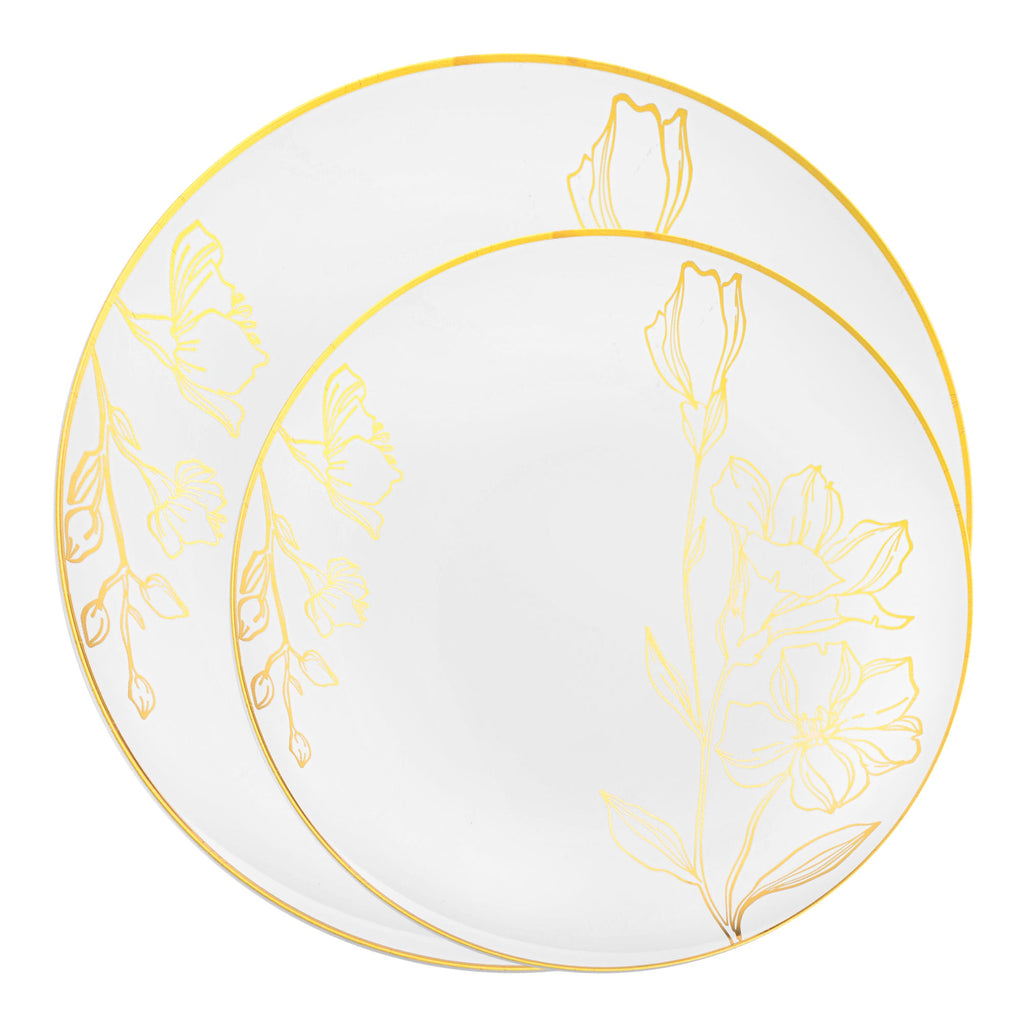 White with Gold Antique Floral Round Disposable Plastic Dinnerware Value Set