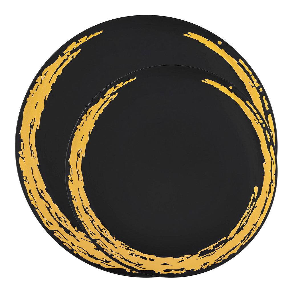 Black with Gold Moonlight Round Disposable Plastic Dinnerware Value Set