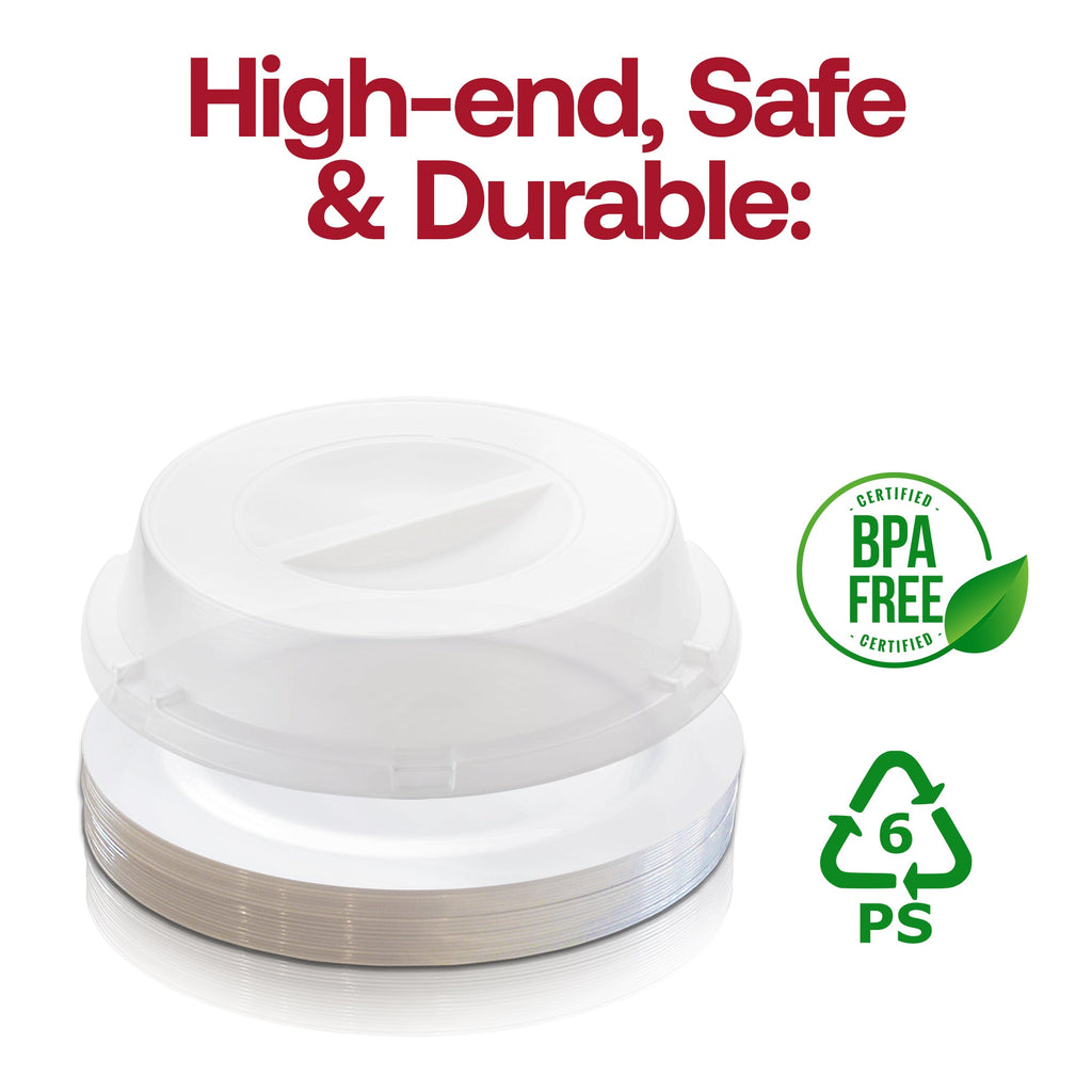 9" Solid White Disposable Plastic Buffet Plates with Clear Dome Lids