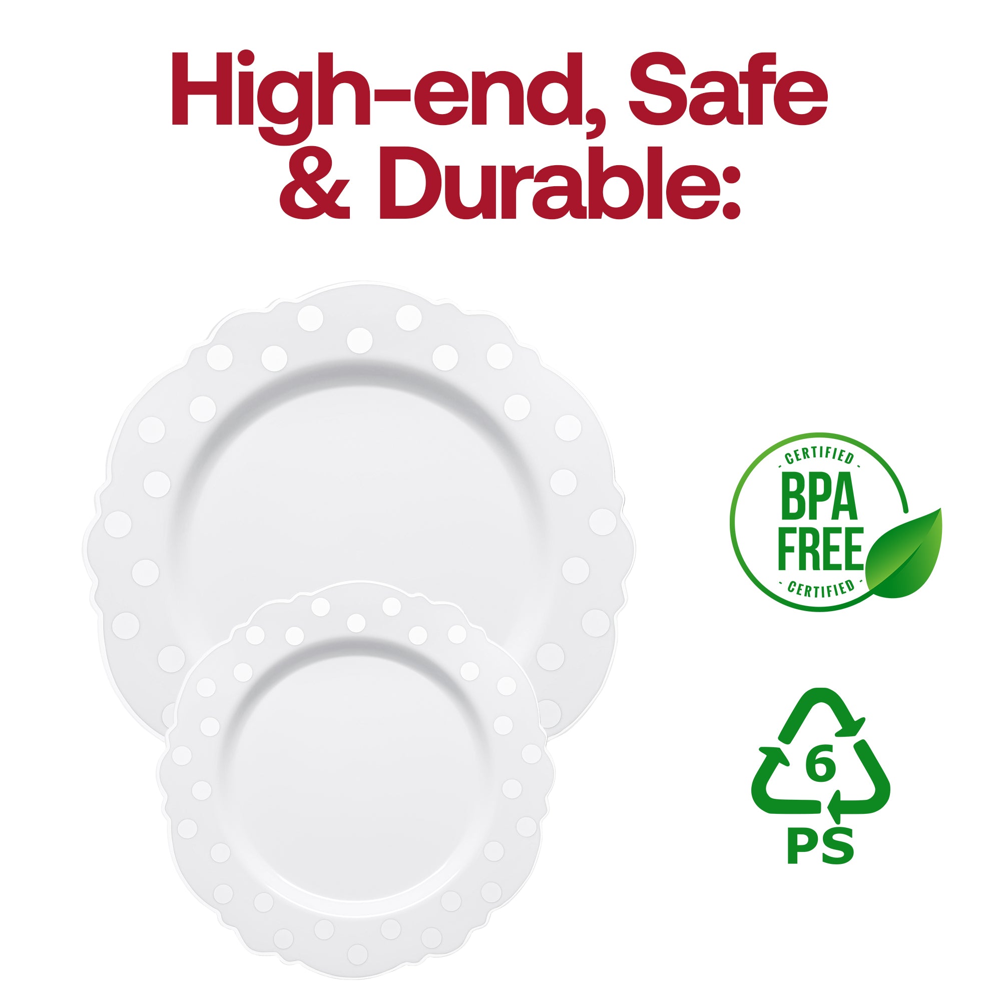 White with Silver Dots Round Blossom Disposable Plastic Dinner Plates (10.25")