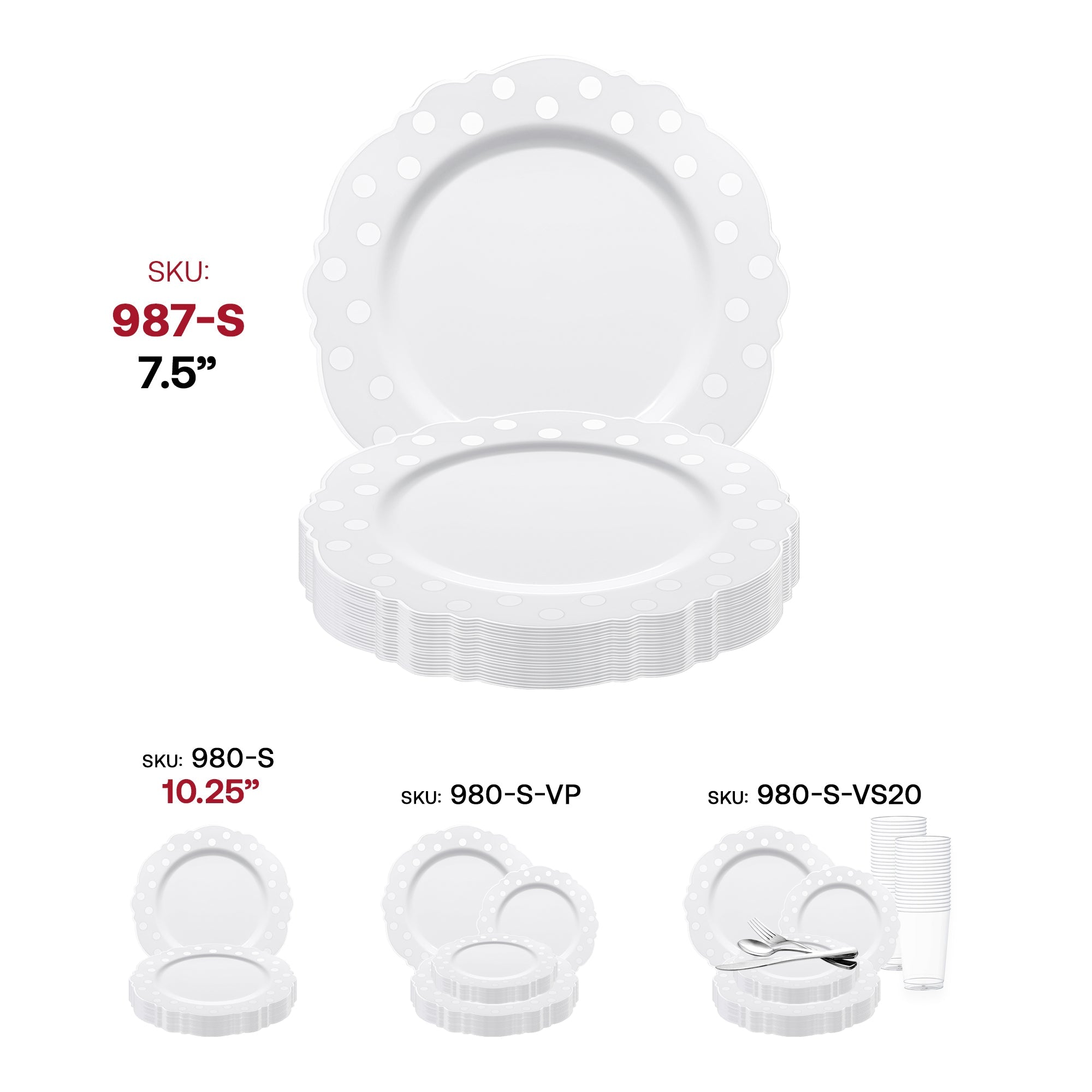 White with Silver Dots Round Blossom Disposable Plastic Salad Plates (7.5")