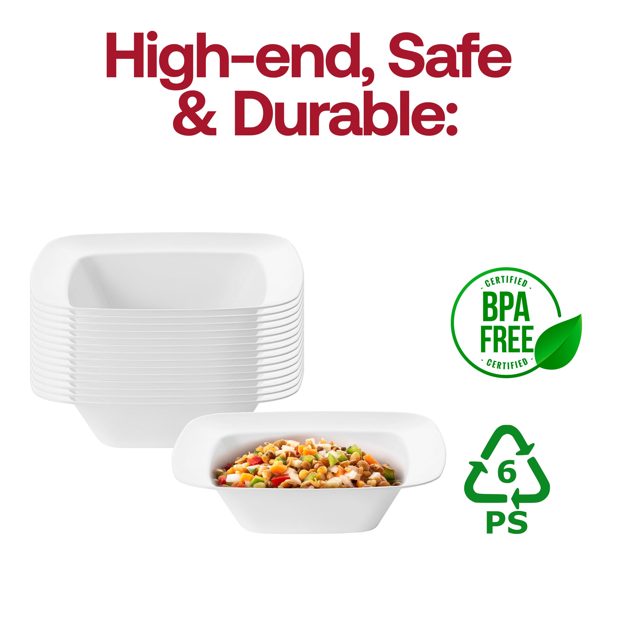 Solid White Rounded Square Disposable Plastic Dessert Bowls (5 oz.)