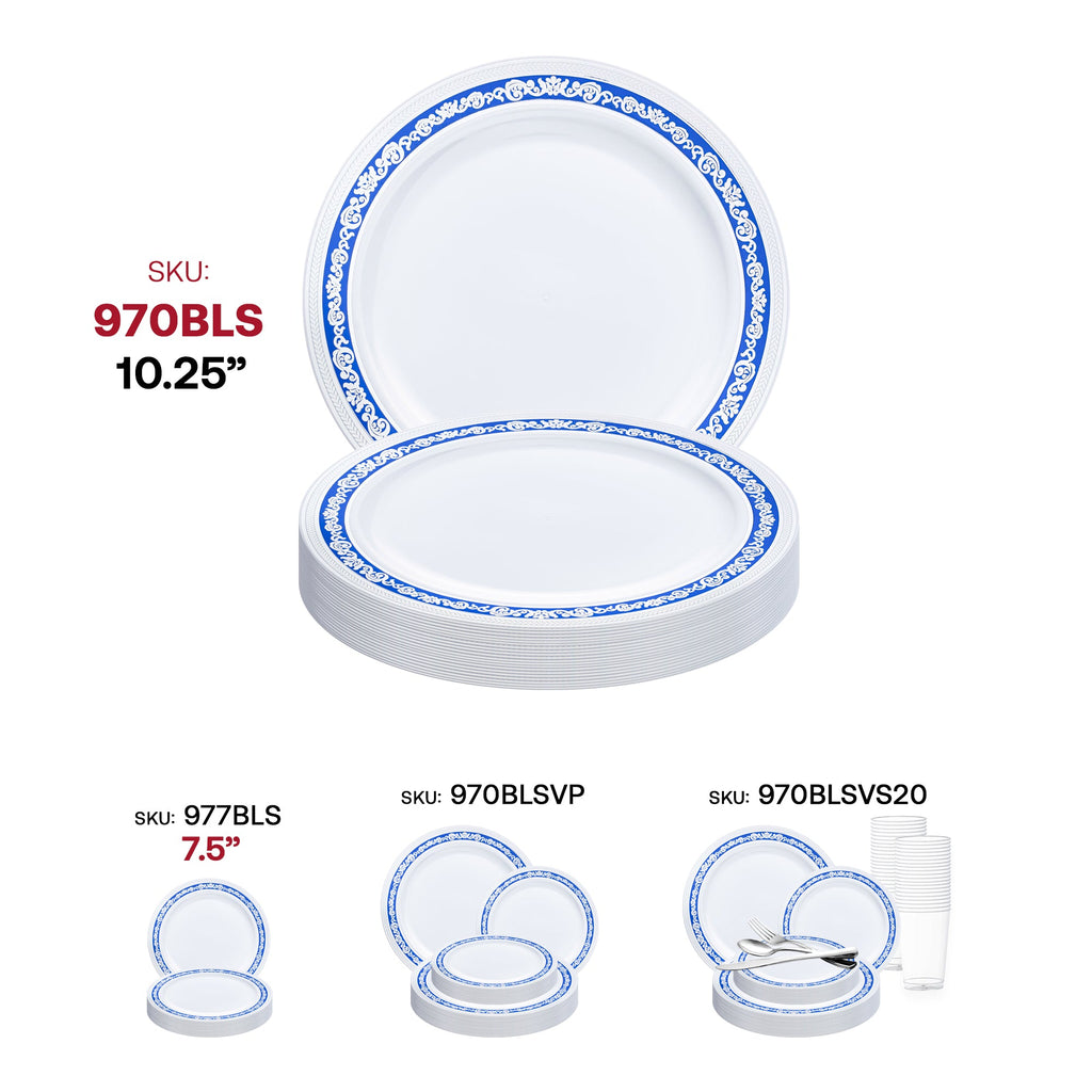White with Blue and Silver Royal Rim Plastic Dinner Plates (10.25")