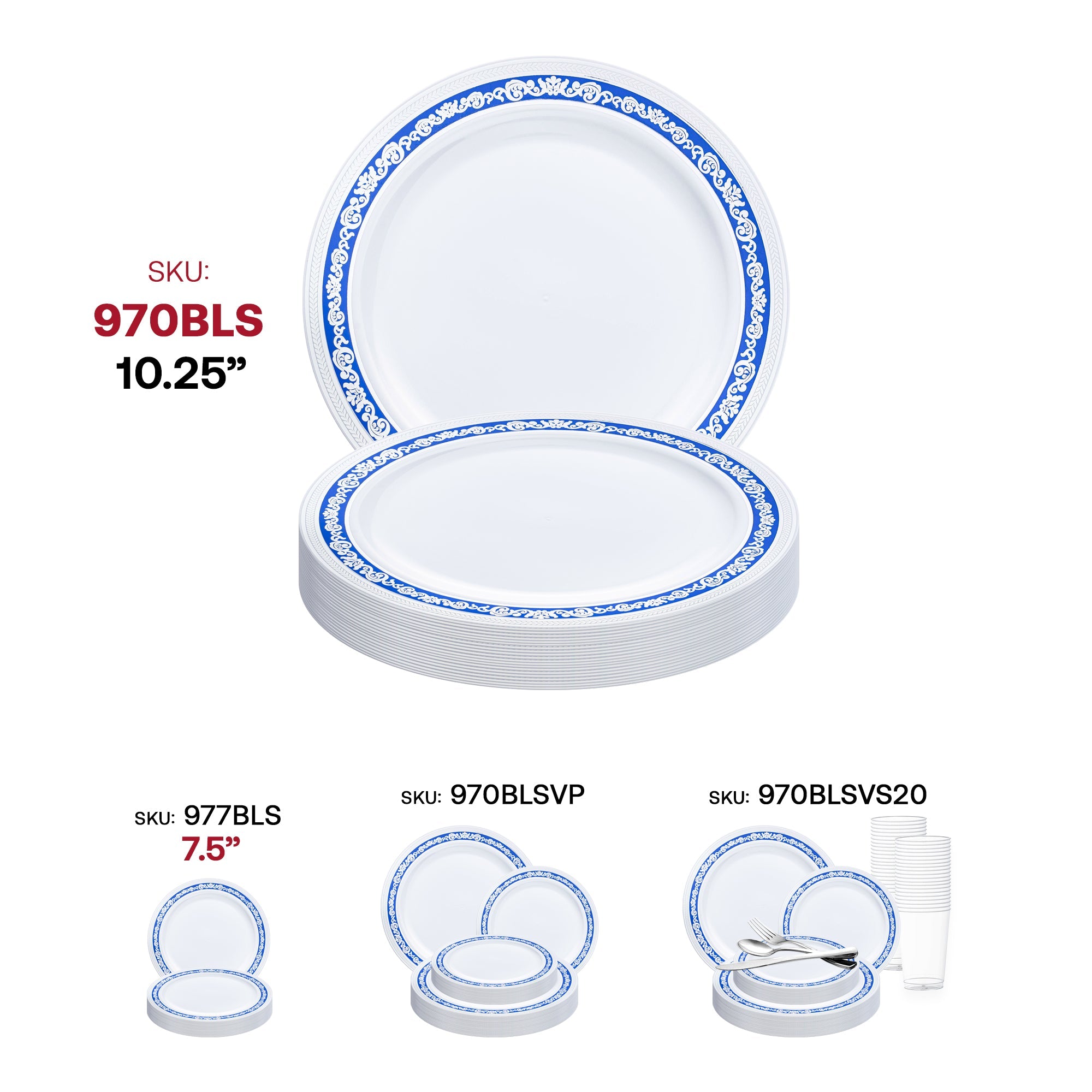 White with Blue and Silver Royal Rim Plastic Dinner Plates (10.25")