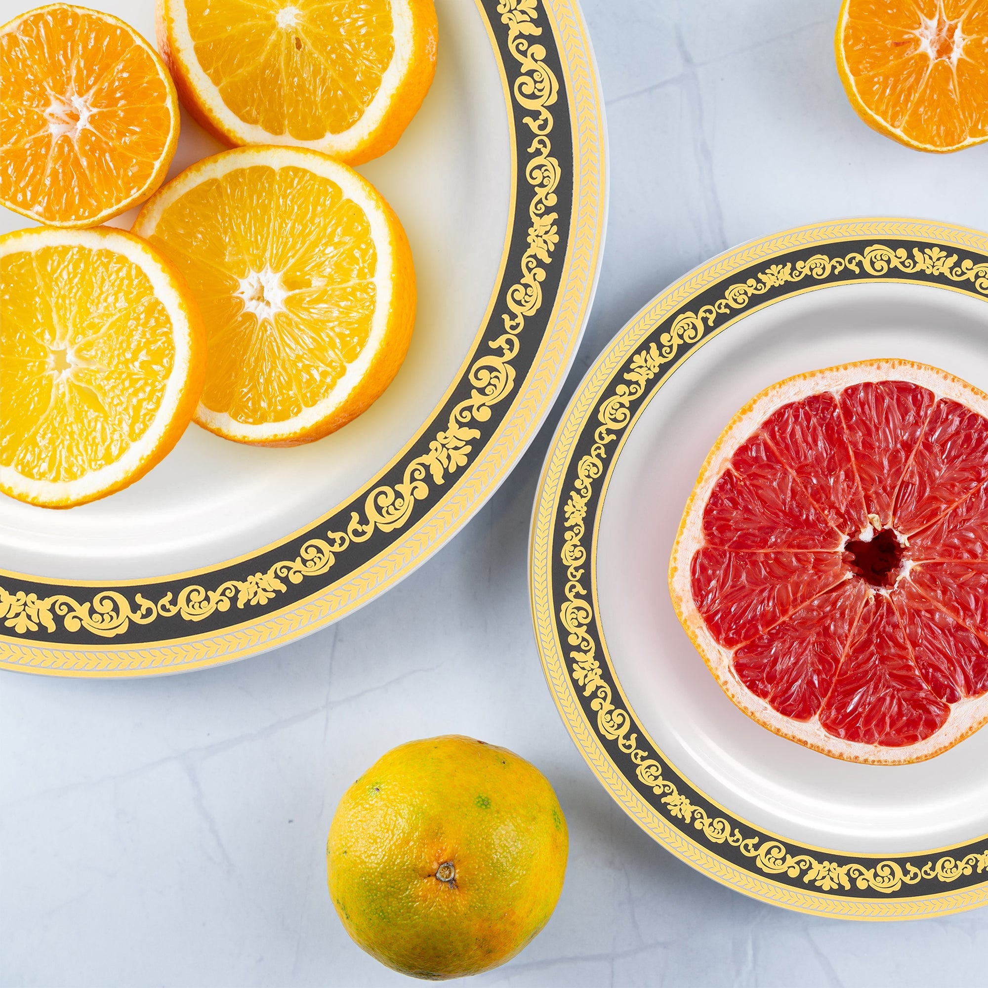 White with Black and Gold Royal Rim Plastic Dinner Plates (10.25")