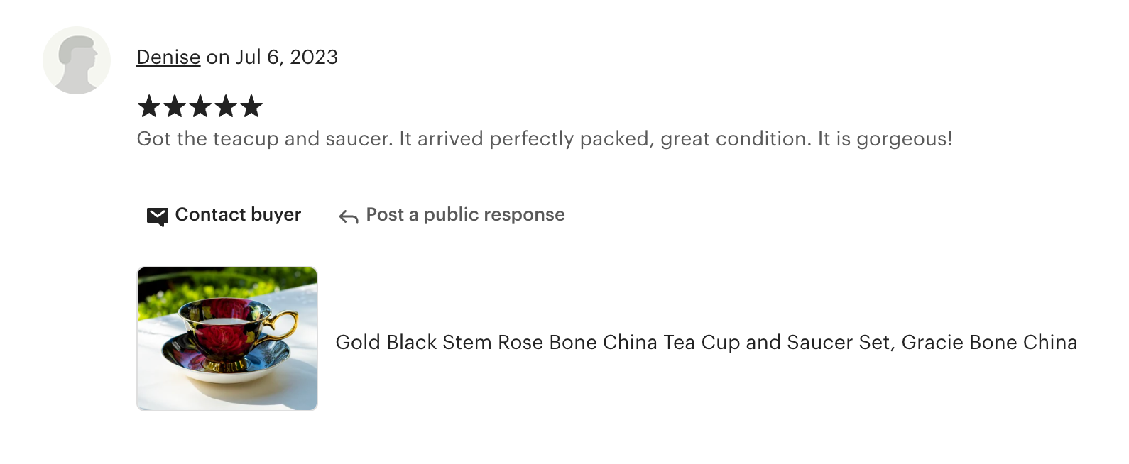 Gold Black Stem Rose Bone China Tea Cup and Saucer