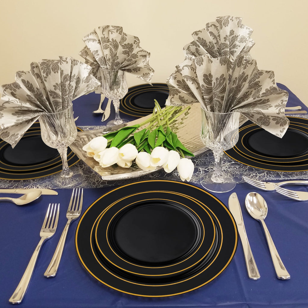Black with Gold Edge Rim Plastic Dinnerware Value Set