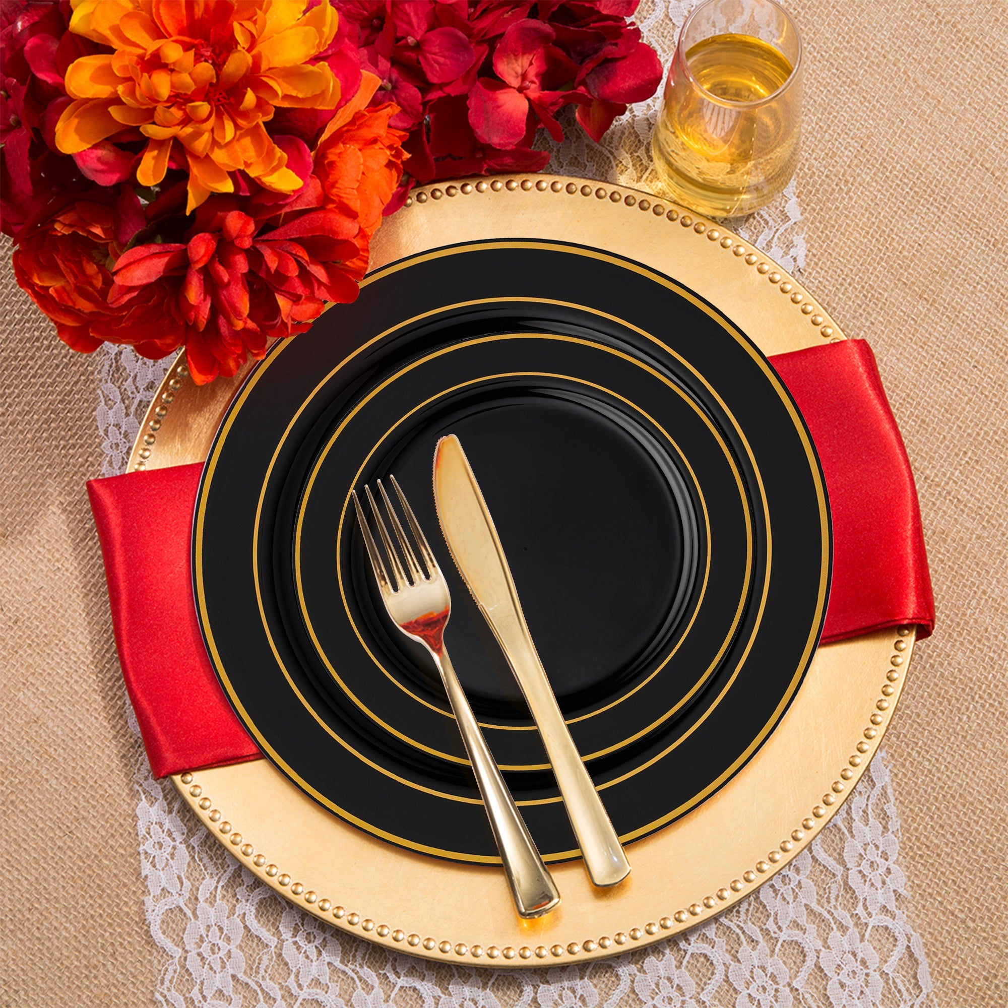 Black with Gold Edge Rim Plastic Wedding Value Set