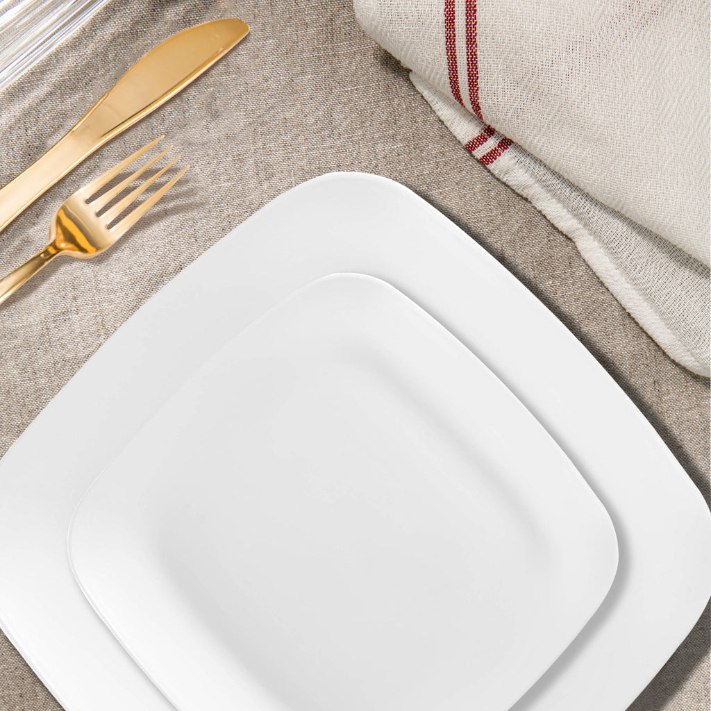 Solid White Flat Rounded Square Disposable Plastic Wedding Value Set