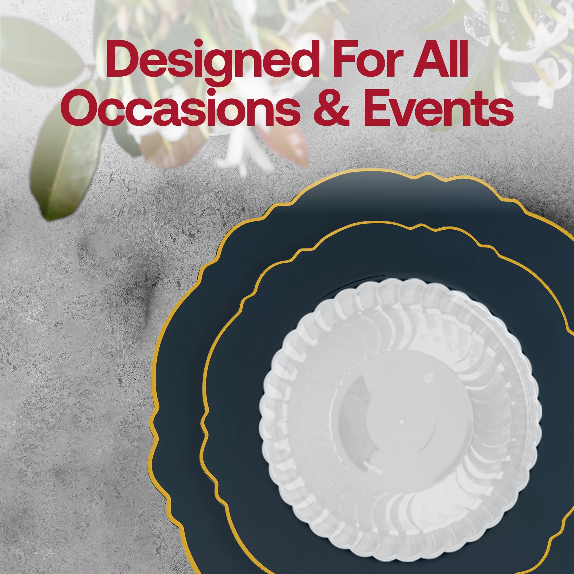 Navy with Gold Blossom Rim Disposable Plastic Tableware Set
