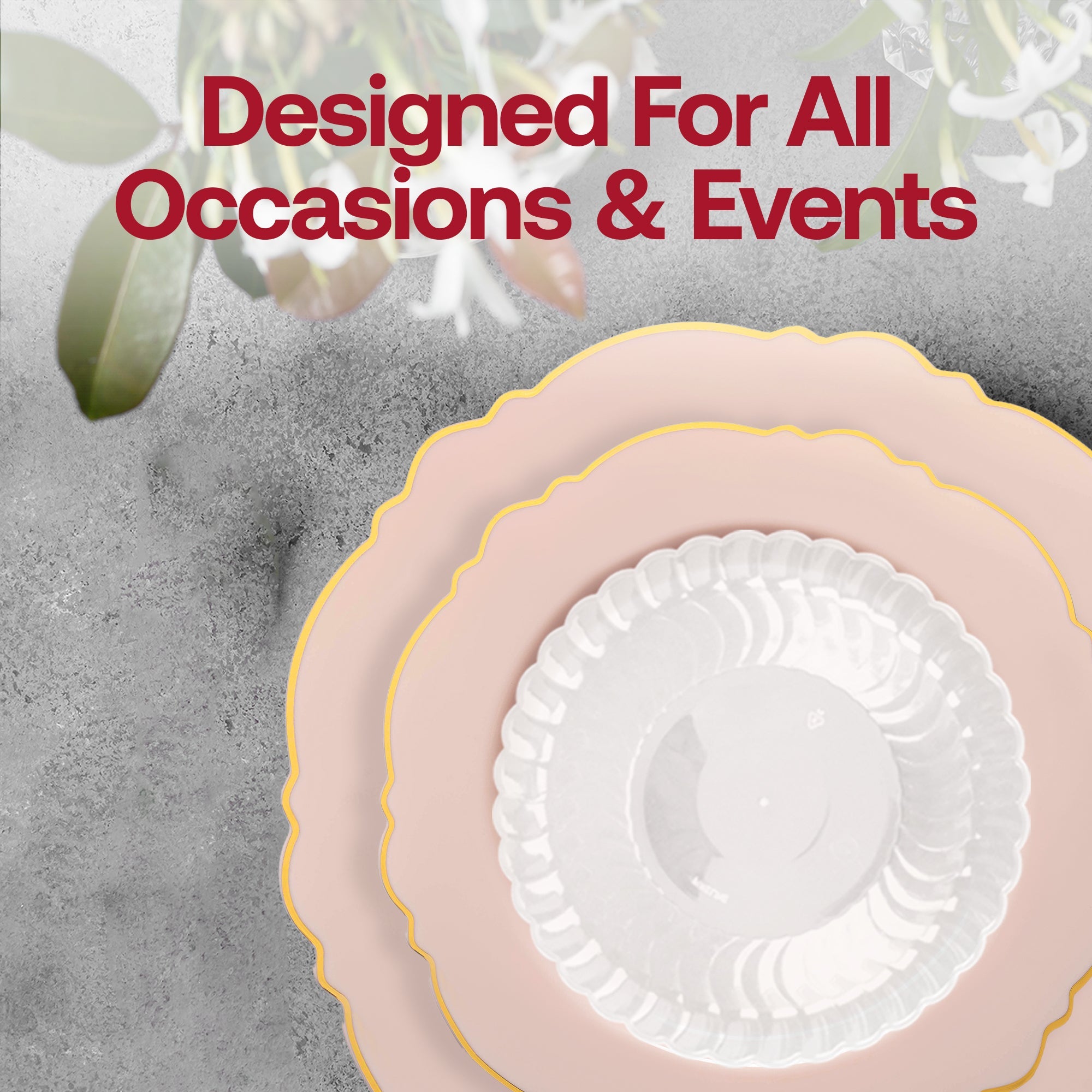 Pink with Gold Blossom Rim Disposable Plastic Tableware Set