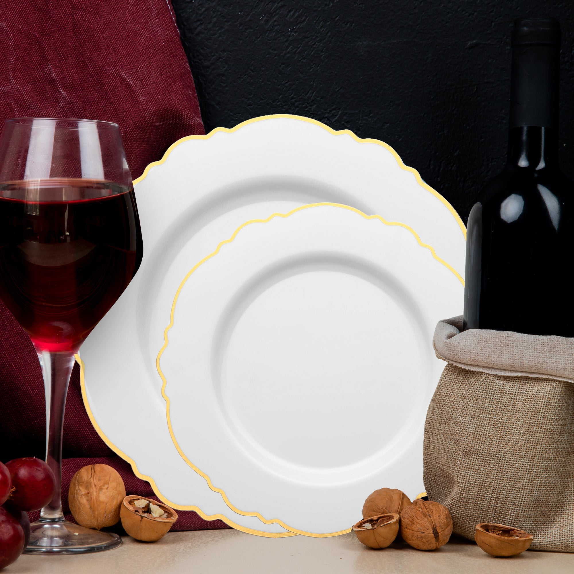 White with Gold Rim Round Blossom Disposable Plastic Dinnerware Value Set