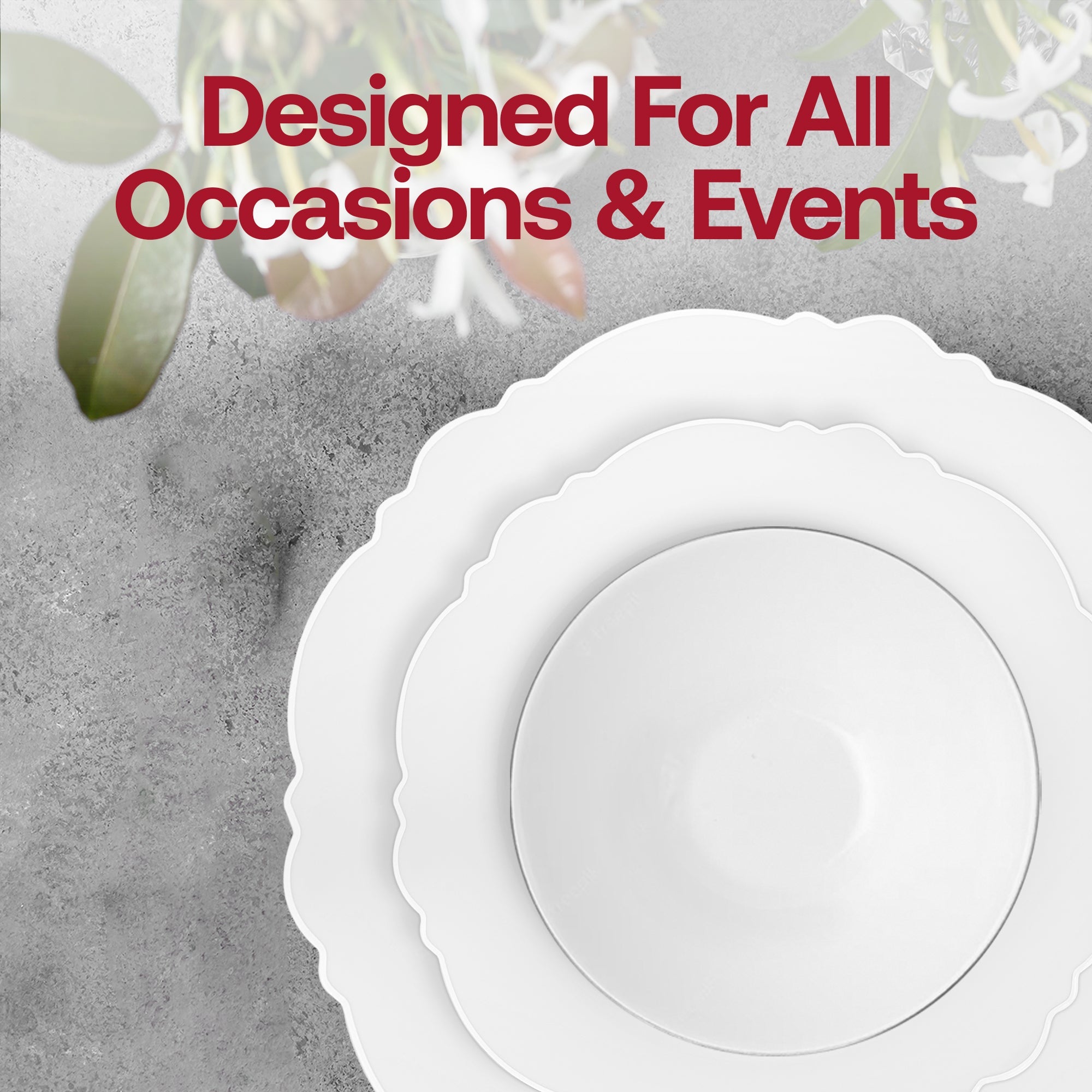 White with Silver Blossom Rim Disposable Plastic Tableware Set