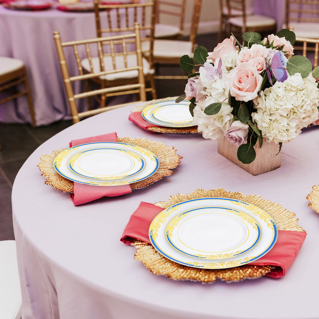 White with Blue and Gold Harmony Rim Plastic Dinnerware Value Set