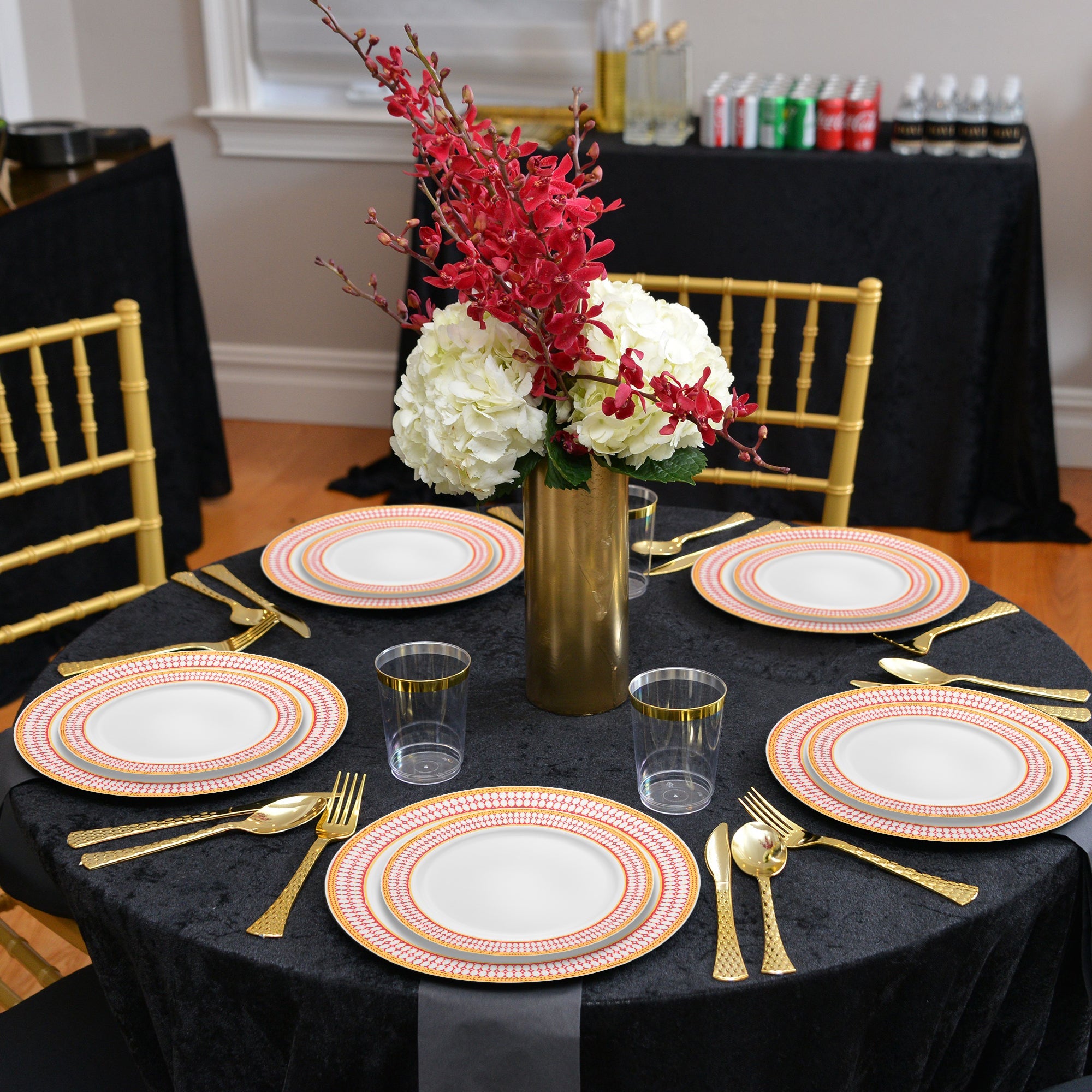 White with Red and Gold Chord Rim Plastic Dinnerware Value Set