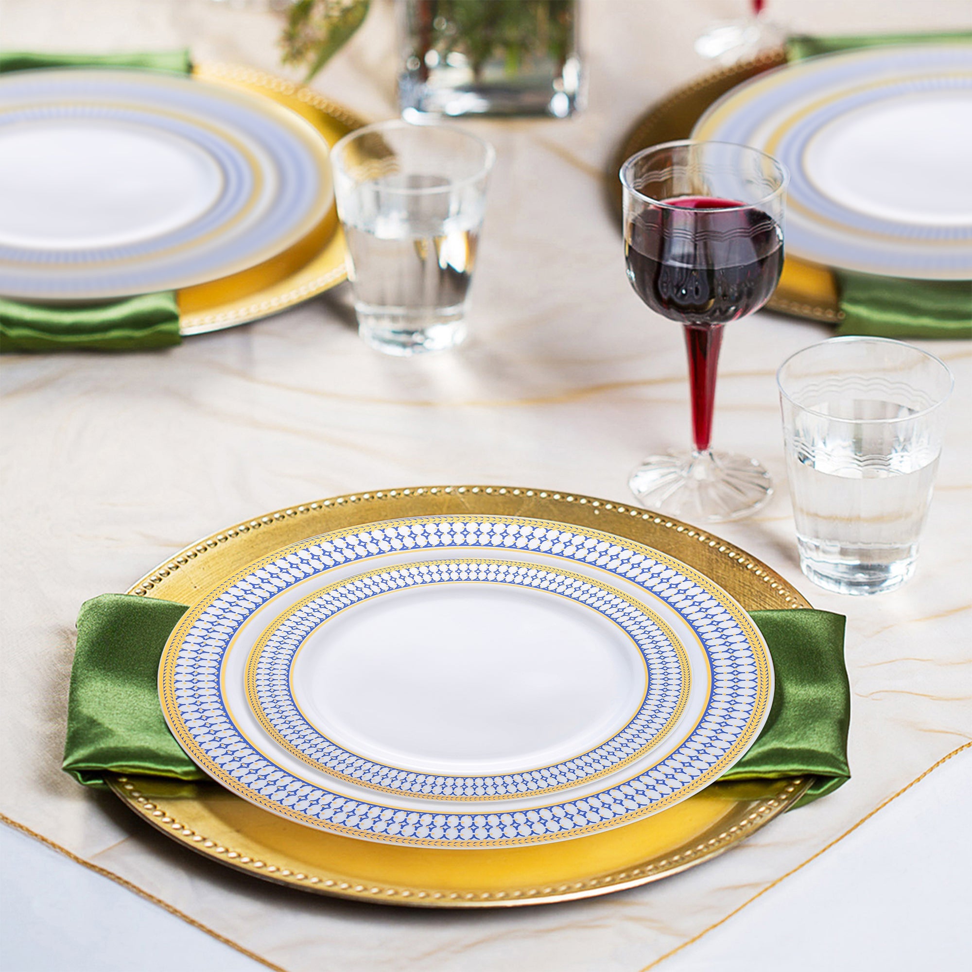 White with Blue and Gold Chord Rim Plastic Wedding Value Set