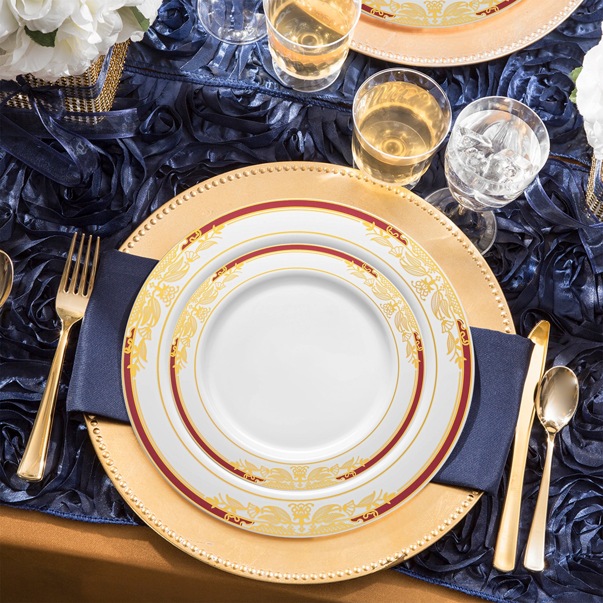 White with Burgundy and Gold Harmony Rim Plastic Wedding Value Set