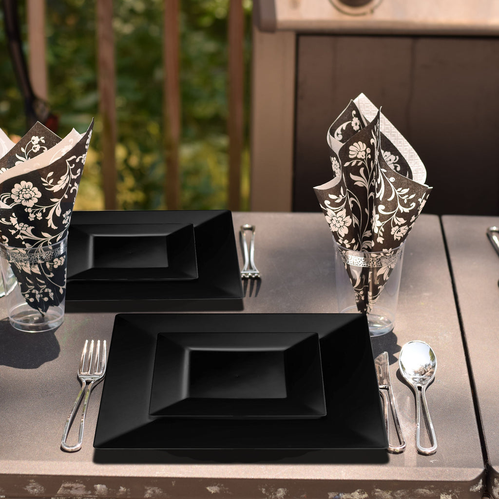 Black Square Plastic Plates Dinnerware Value Set
