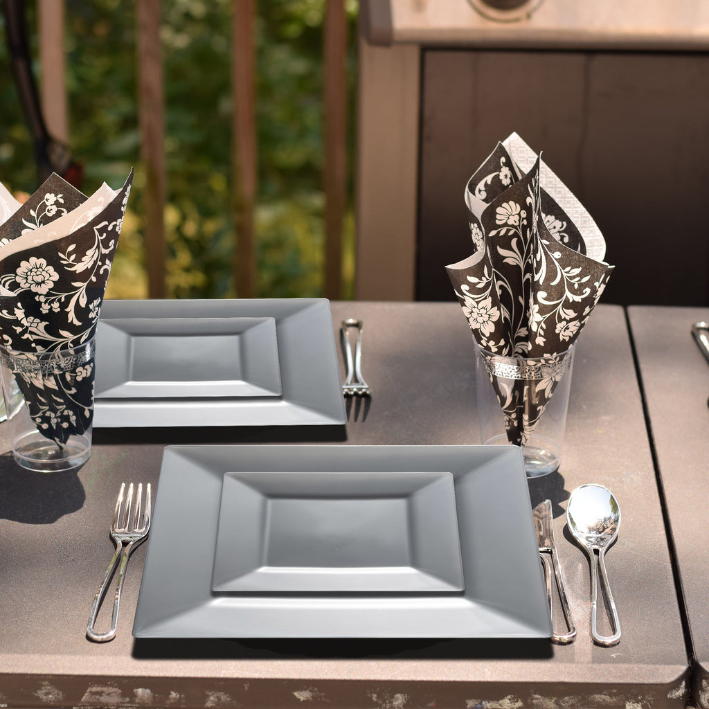 Silver Square Plastic Plates Dinnerware Value Set