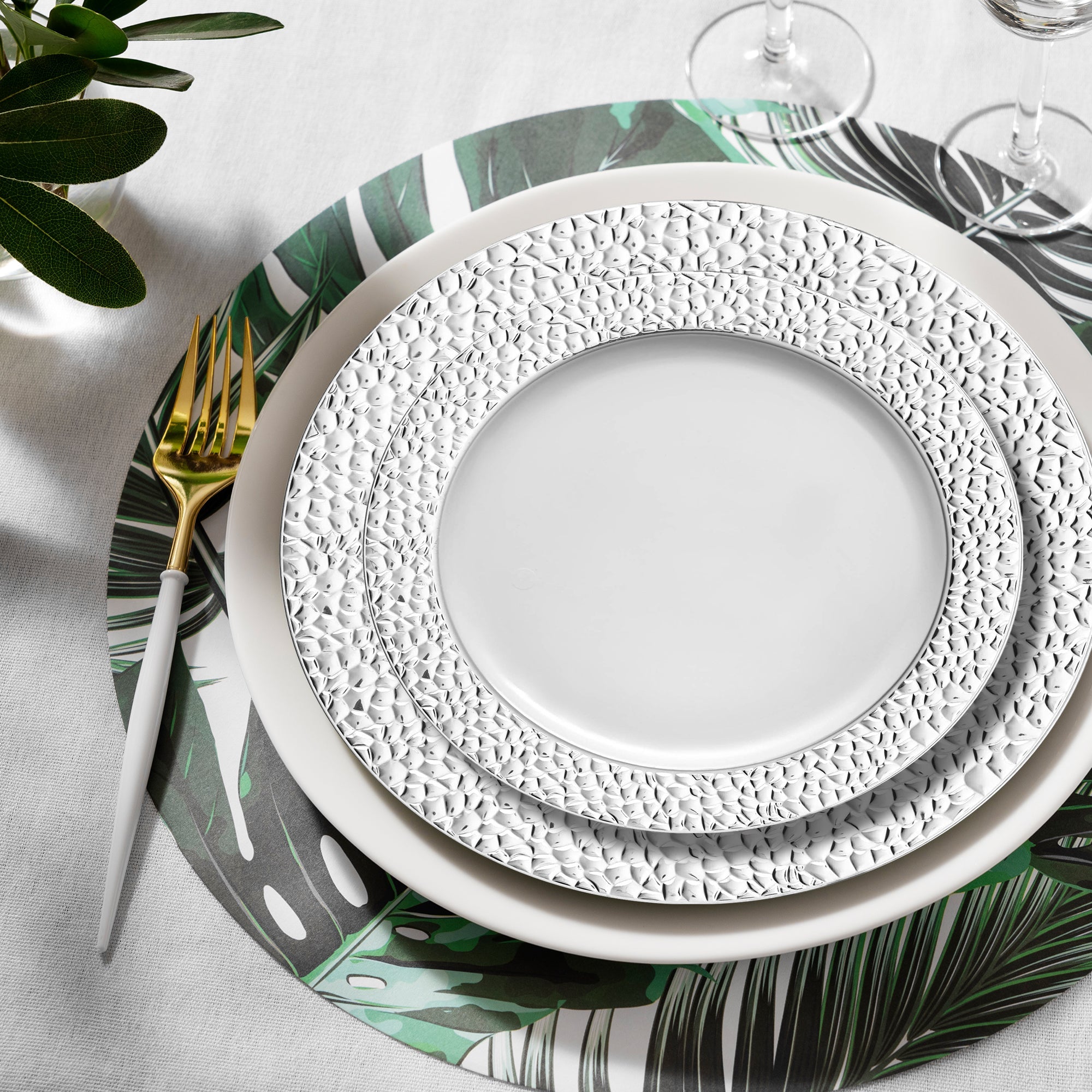 White with Silver Hammered Rim Plastic Dinnerware Value Set