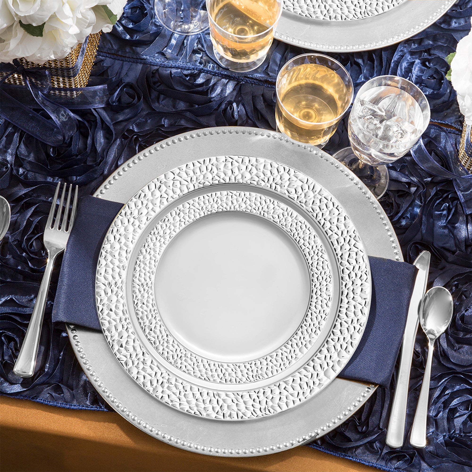 White with Silver Hammered Rim Round Plastic Wedding Value Set
