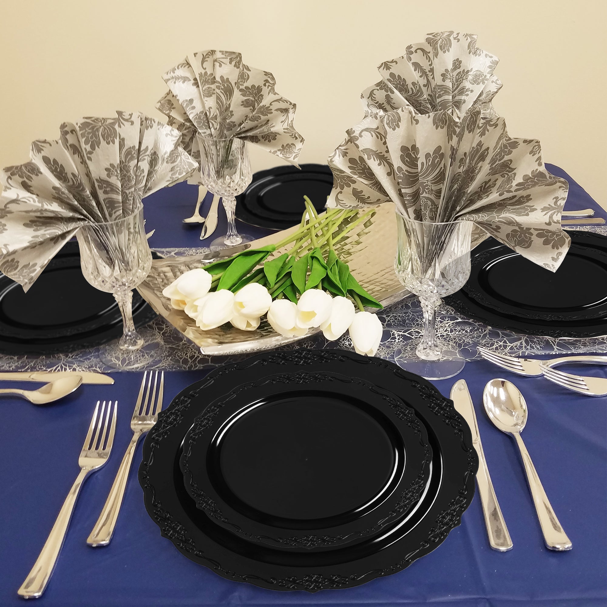 Black Vintage Rim Round Disposable Plastic Dinnerware Value Set