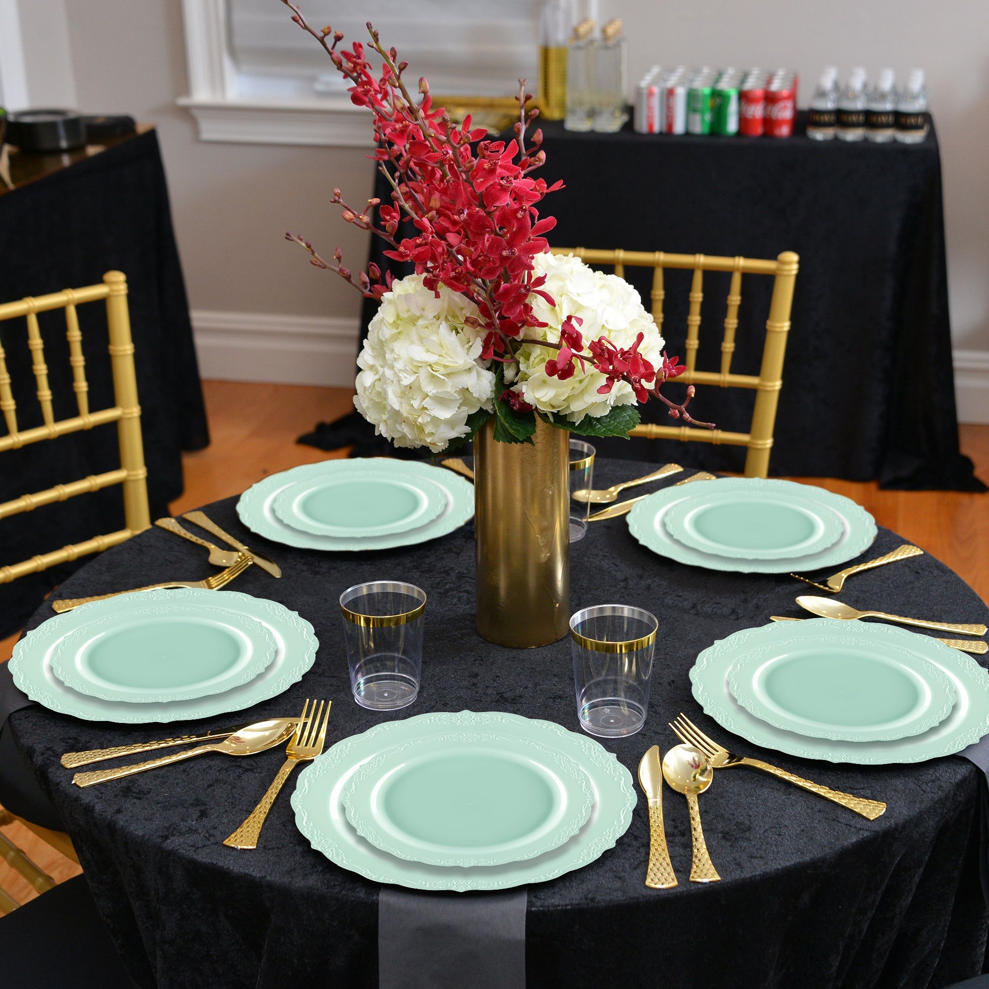 Turquoise Vintage Round Disposable Plastic Dinnerware Value Set
