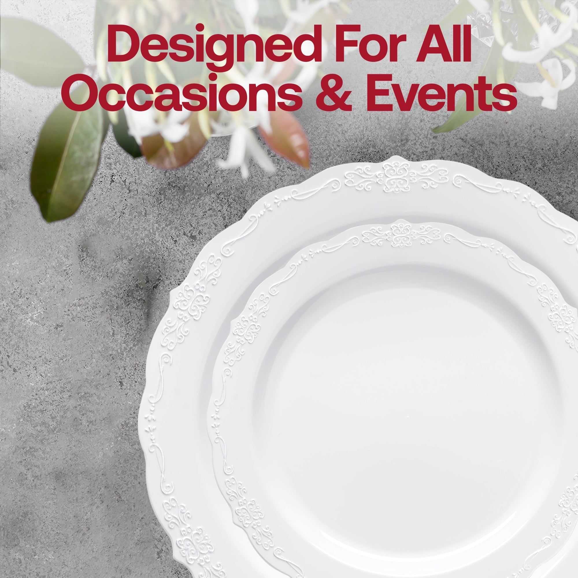 White with Silver Vintage Disposable Plastic Tableware Set
