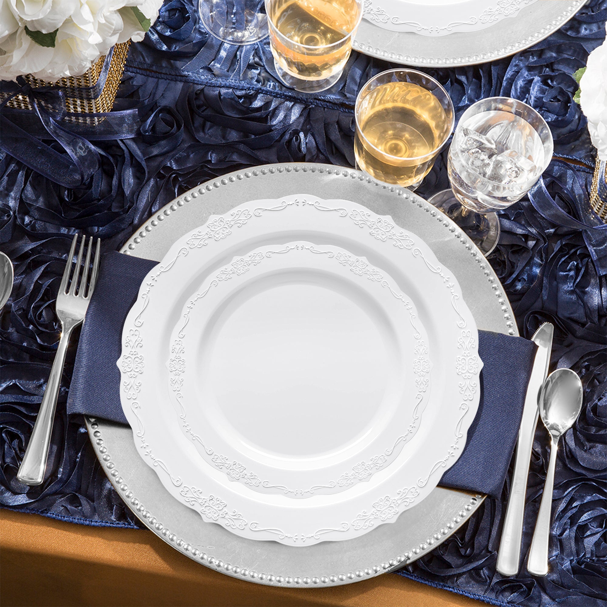 White Vintage Round Disposable Plastic Wedding Value Set