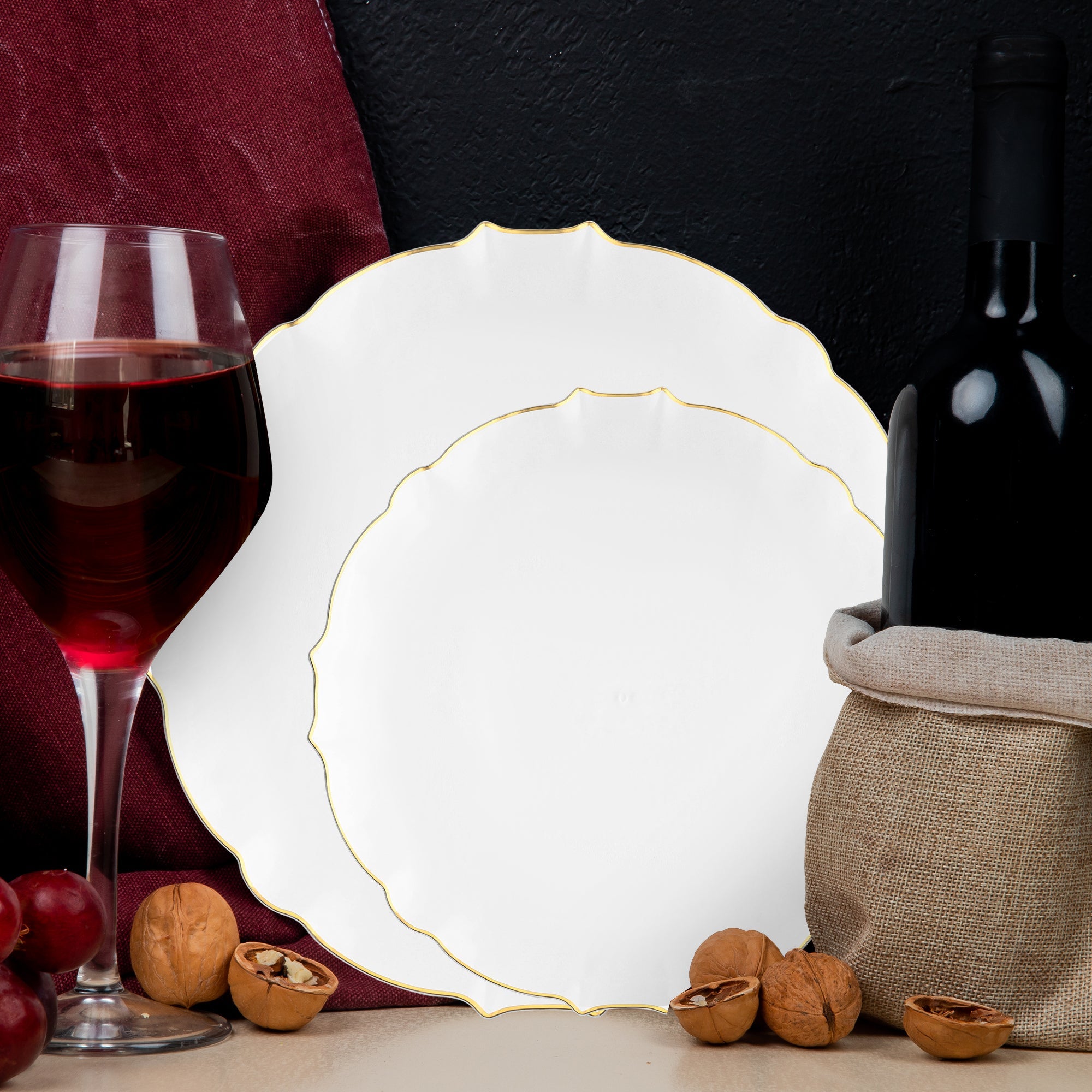 Clear with Gold Rim Round Lotus Plastic Dinnerware Value Set