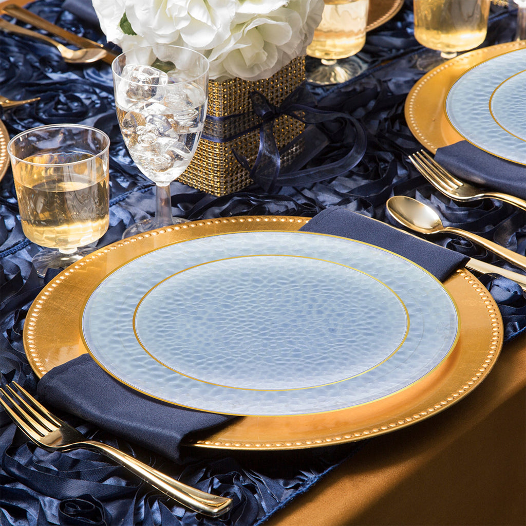 Clear Blue with Gold Rim Hammered Glass Disposable Plastic Wedding Value Set