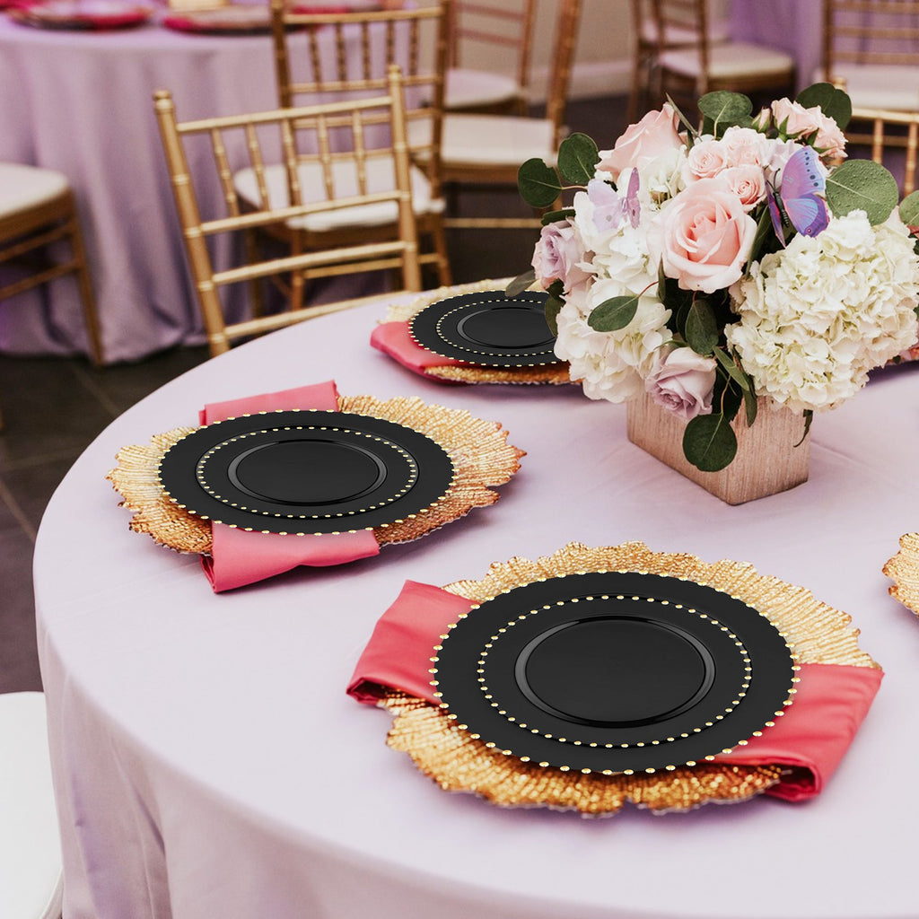 Black with Gold Pearl String Round Disposable Plastic Dinnerware Value Set