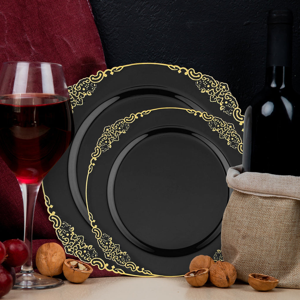 Black with Gold Fancy Round Disposable Plastic Dinnerware Value Set