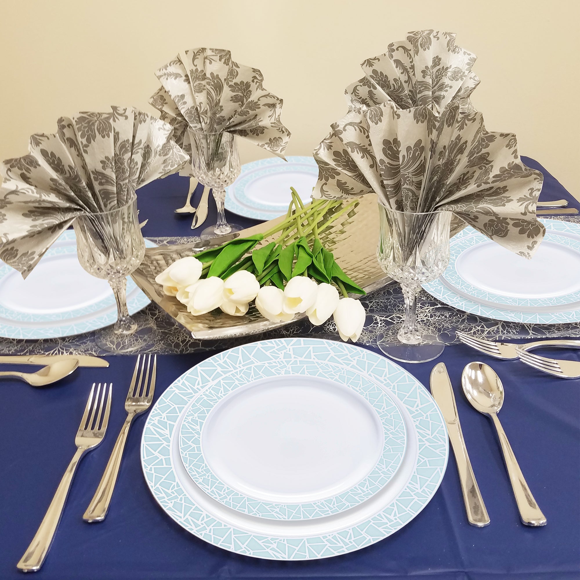 White with Turquoise Blue and Silver Mosaic Rim Round Plastic Wedding Value Set