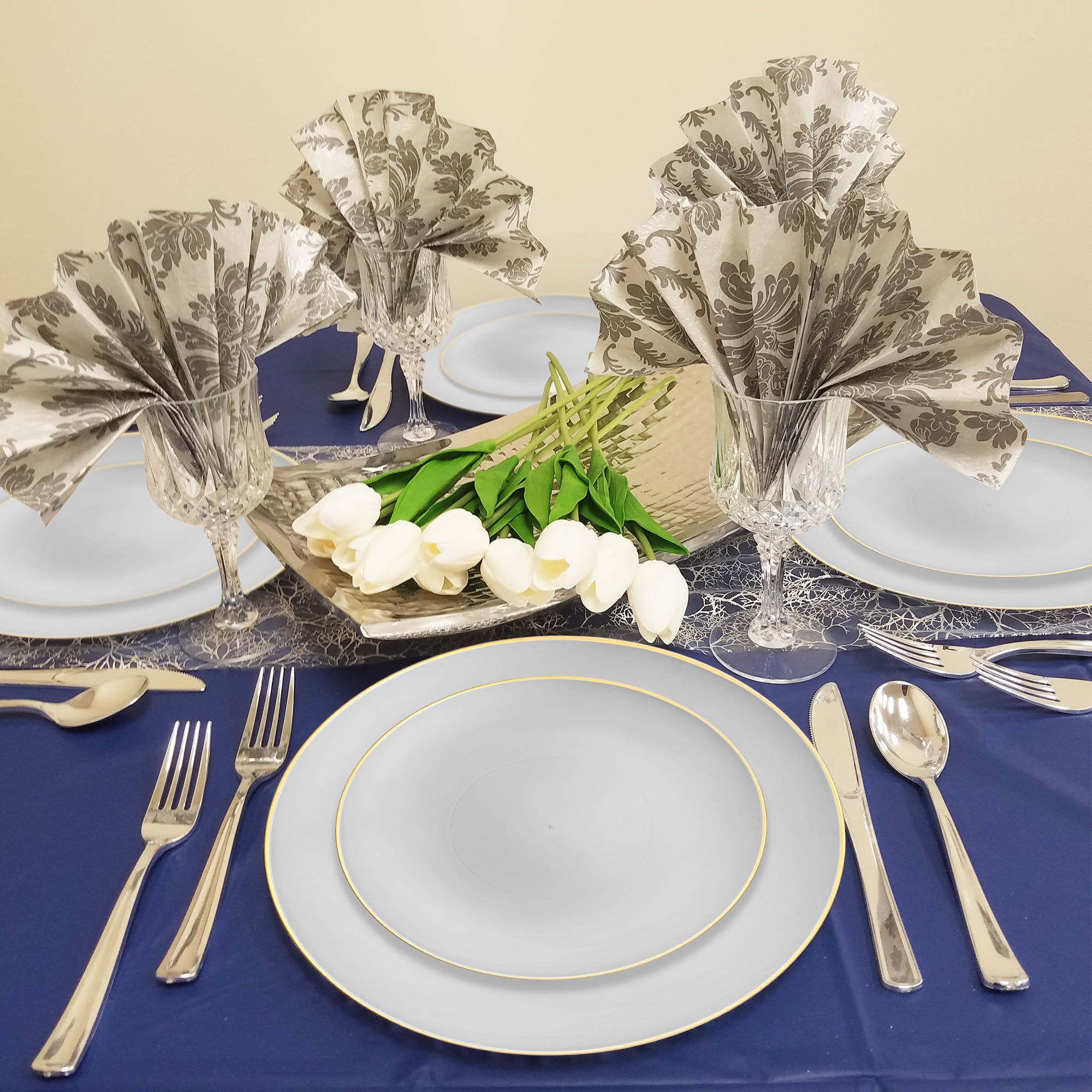 Gray with Gold Organic Round Disposable Plastic Dinnerware Value Set