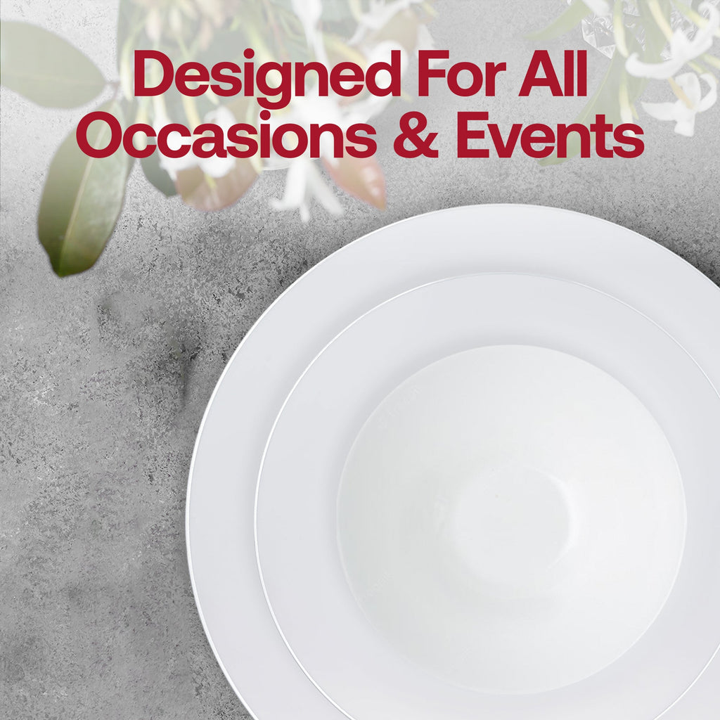 White with Silver Organic Disposable Plastic Tableware Set