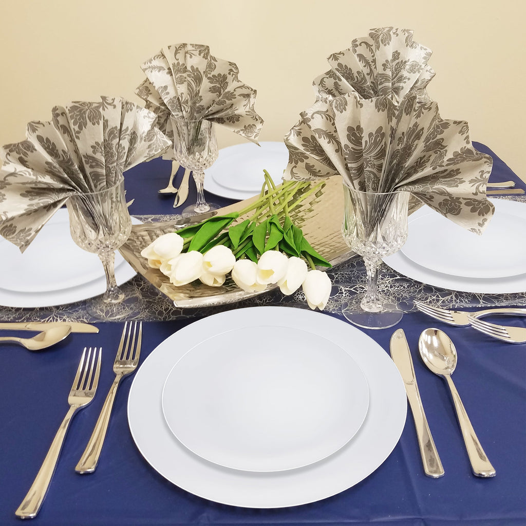 White with Silver Rim Organic Round Disposable Plastic Dinnerware Value Set