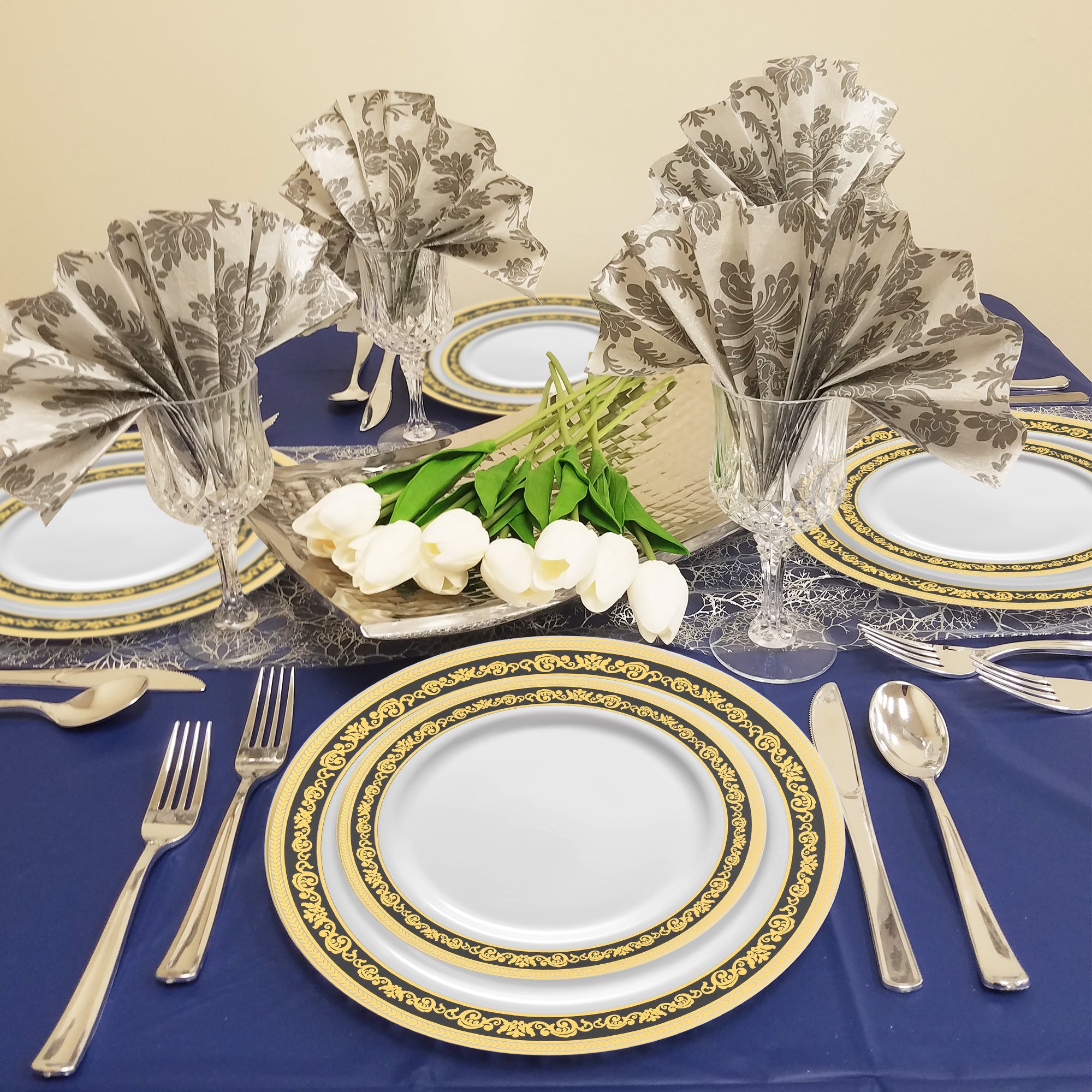White with Black and Gold Royal Rim Plastic Dinnerware Value Set