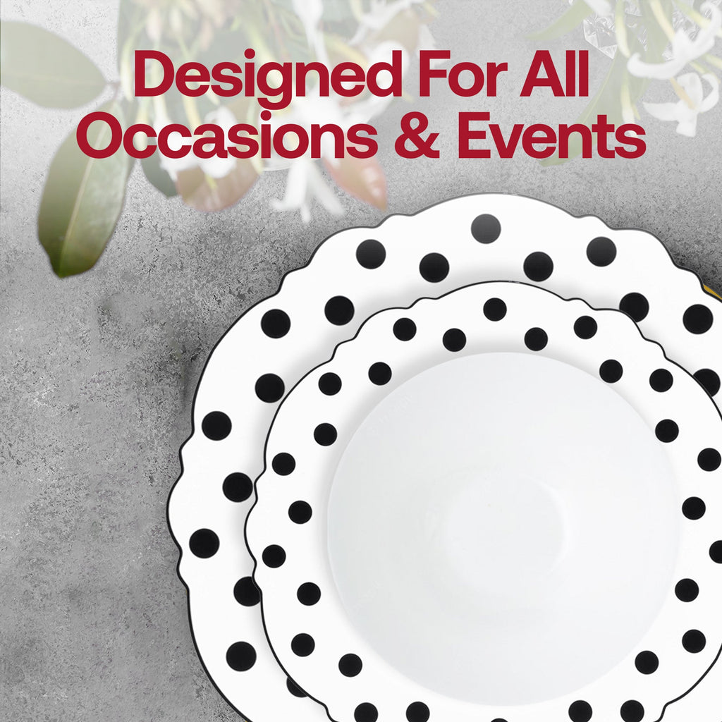 White with Black Blossom Dots Disposable Plastic Tableware Set