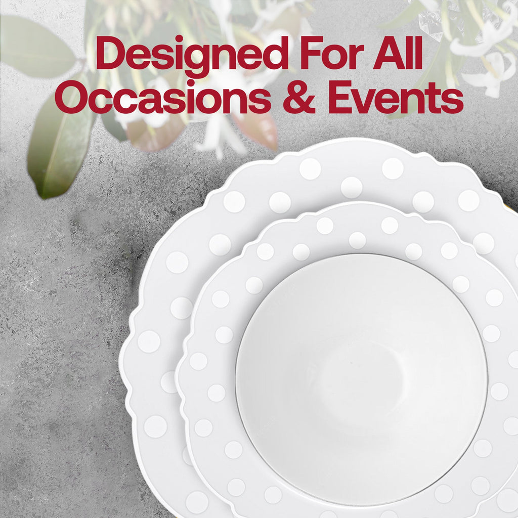White with Silver Blossom Dots Disposable Plastic Tableware Set