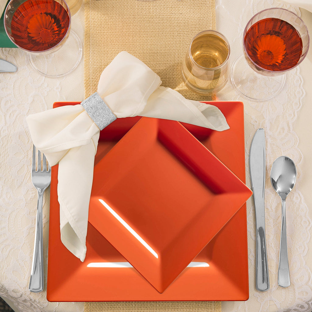 Burnt Orange Square Plastic Plates Wedding Value Set