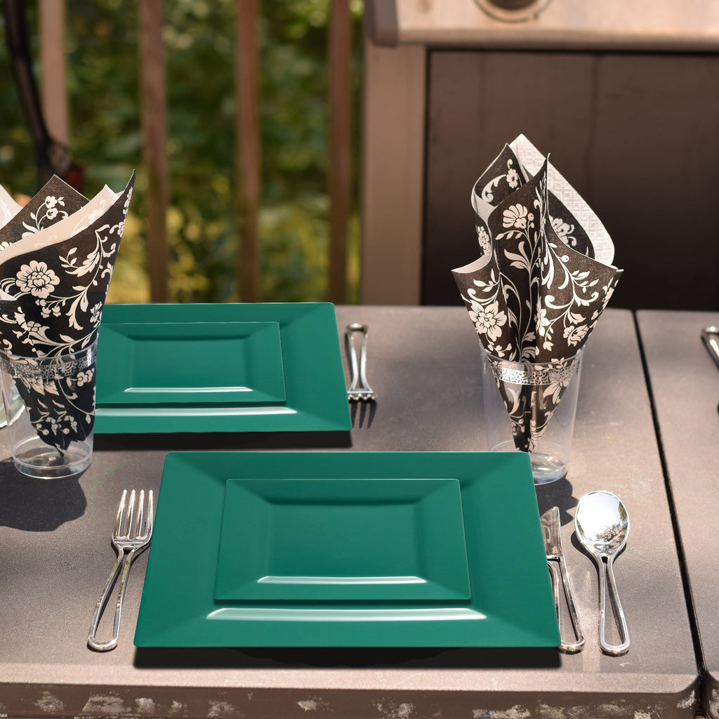 Hunter Green Square Plastic Plates Dinnerware Value Set