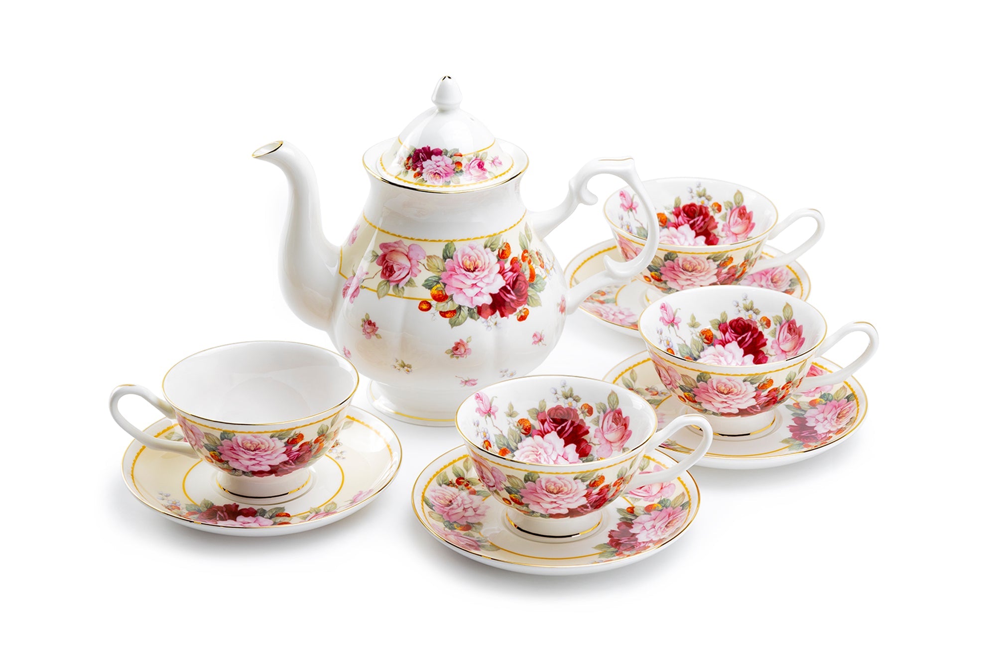 Peony and Strawberry Cream Bone China 9-Piece Tea Set