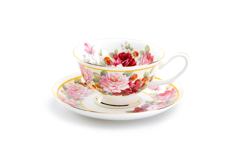Peony and Strawberry Cream Bone China Tea Cup and Saucer