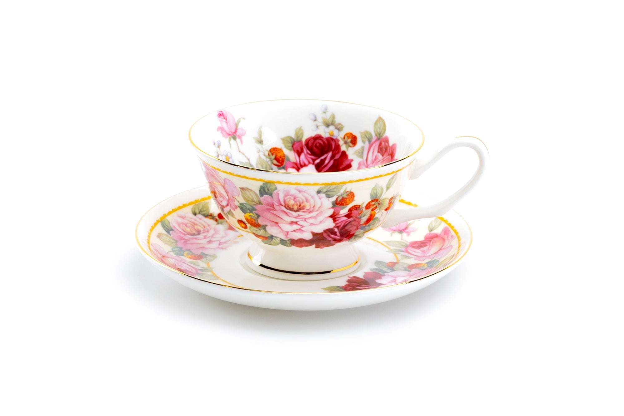 Peony and Strawberry Cream Bone China Tea Cup and Saucer