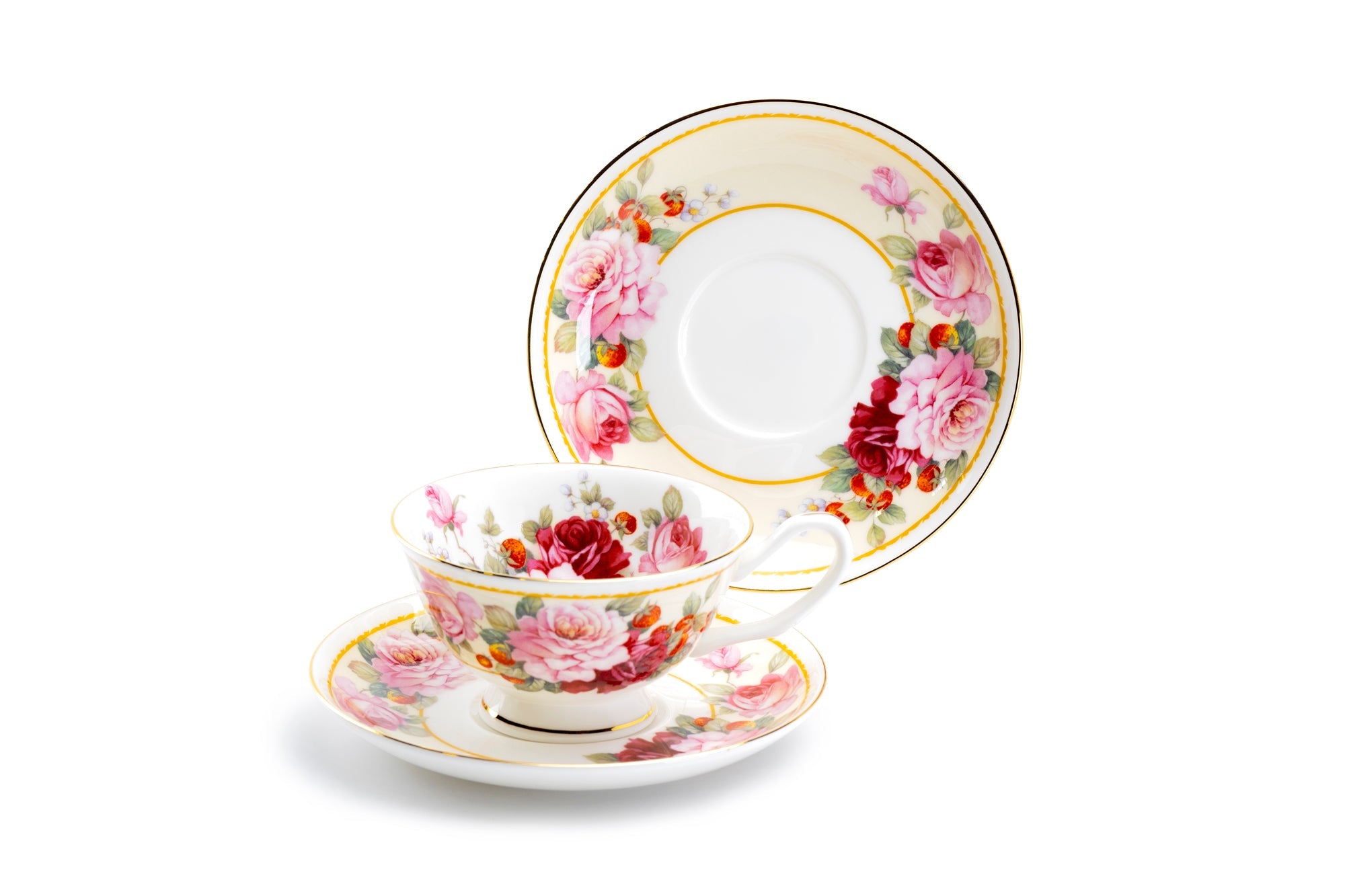 Peony and Strawberry Cream Bone China Tea Cup and Saucer
