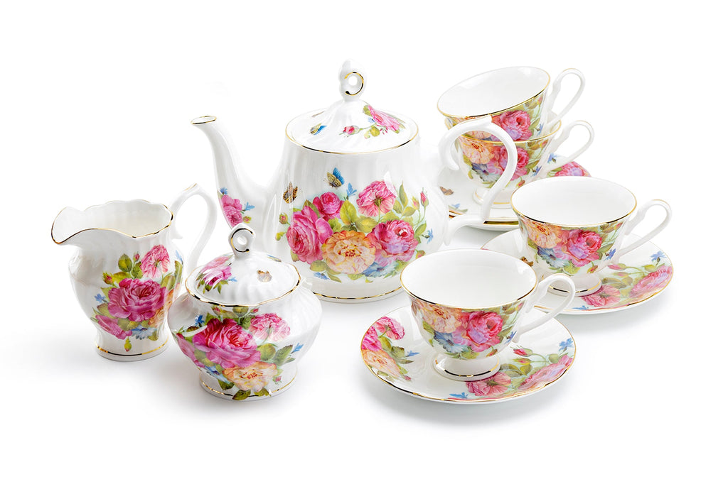 Sandra's Rose with Butterflies Bone China 11-Piece Tea Set